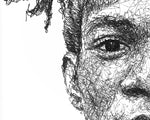 Load image into Gallery viewer, Detail aus dem Jean-Michel Basquiat Portrait der Künstlerin Marilena Hamm alias Scribblezone, im unversechselbaren Scribble-Stil gezeichnet.