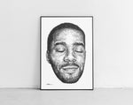 Lade das Bild in den Galerie-Viewer, Kid Cudi Portrait der Künstlerin Marilena Hamm alias Scribblezone, im unversechselbaren Scribble-Stil gezeichnet, gerahmt gegen die Wand lehnend.