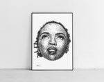 Load image into Gallery viewer, Lauryn Hill Portrait der Künstlerin Marilena Hamm alias Scribblezone, im unversechselbaren Scribble-Stil gezeichnet, gerahmt gegen die Wand lehnend.