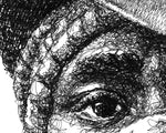 Lade das Bild in den Galerie-Viewer, Detail aus dem Mos Def / Yasiin Bey Portrait der Künstlerin Marilena Hamm alias Scribblezone, im unversechselbaren Scribble-Stil gezeichnet.