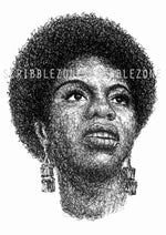 Load image into Gallery viewer, Nina Simone Portrait der Künstlerin Marilena Hamm alias Scribblezone, im unversechselbaren Scribble-Stil gezeichnet, mit Wasserzeichen.