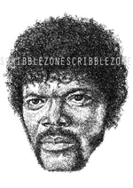 Load image into Gallery viewer, Samuel L Jackson in Pulp Fiction, Portrait der Künstlerin Marilena Hamm alias Scribblezone, im unversechselbaren Scribble-Stil gezeichnet, mit Wasserzeichen.
