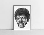 Load image into Gallery viewer, Samuel L Jackson in Pulp Fiction, Portrait der Künstlerin Marilena Hamm alias Scribblezone, im unversechselbaren Scribble-Stil gezeichnet, gerahmt gegen die Wand lehnend.