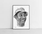 Load image into Gallery viewer, Tyler The Creator Portrait der Künstlerin Marilena Hamm alias Scribblezone, im unversechselbaren Scribble-Stil gezeichnet, gerahmt gegen die Wand lehnend.