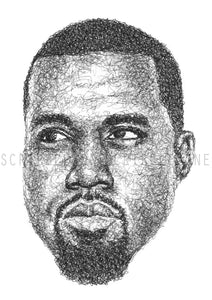 Kanye West Portrait der Künstlerin Marilena Hamm alias Scribblezone, im unversechselbaren Scribble-Stil gezeichnet, mit Wasserzeichen.