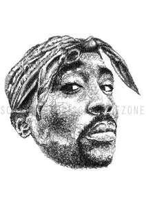 Tupac Shakur Portrait der Künstlerin Marilena Hamm alias Scribblezone, im unversechselbaren Scribble-Stil gezeichnet, mit Wasserzeichen.