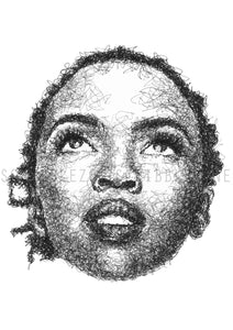 Lauryn Hill Portrait der Künstlerin Marilena Hamm alias Scribblezone, im unversechselbaren Scribble-Stil gezeichnet, mit Wasserzeichen.