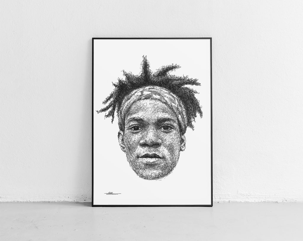 Jean-Michel Basquiat Portrait der Künstlerin Marilena Hamm alias Scribblezone, im unversechselbaren Scribble-Stil gezeichnet, gerahmt gegen die Wand lehnend.