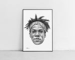 Load image into Gallery viewer, Jean-Michel Basquiat Portrait der Künstlerin Marilena Hamm alias Scribblezone, im unversechselbaren Scribble-Stil gezeichnet, gerahmt gegen die Wand lehnend.
