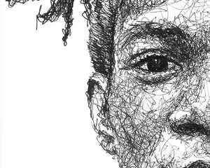 Detail aus dem Jean-Michel Basquiat Portrait der Künstlerin Marilena Hamm alias Scribblezone, im unversechselbaren Scribble-Stil gezeichnet.