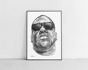 The Notorious B.I.G Portait der Künstlerin Marilena Hamm alias Scribblezone, im unversechselbaren Scribble-Stil gezeichnet, gerahmt gegen die Wand lehnend.