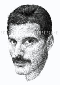 Freddie Mercury Portrait der Künstlerin Marilena Hamm alias Scribblezone, im unversechselbaren Scribble-Stil gezeichnet, mit Wasserzeichen.