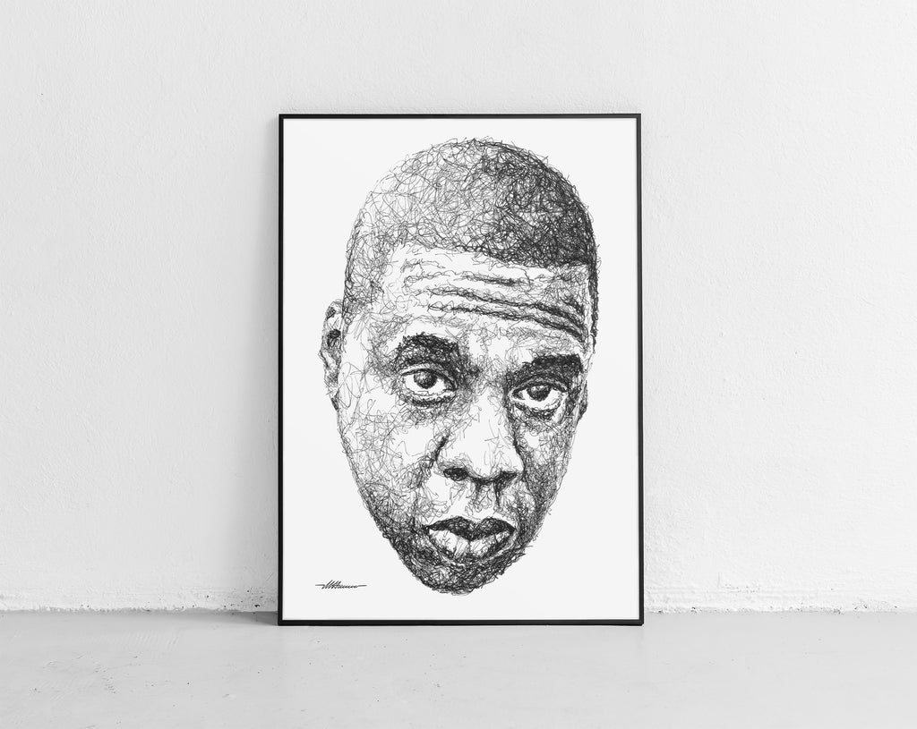 Jay-Z Portait der Künstlerin Marilena Hamm alias Scribblezone, im unversechselbaren Scribble-Stil gezeichnet, gerahmt gegen die Wand lehnend.