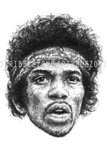 Load image into Gallery viewer, Jimi Hendrix Portrait der Künstlerin Marilena Hamm alias Scribblezone, im unversechselbaren Scribble-Stil gezeichnet, mit Wasserzeichen.
