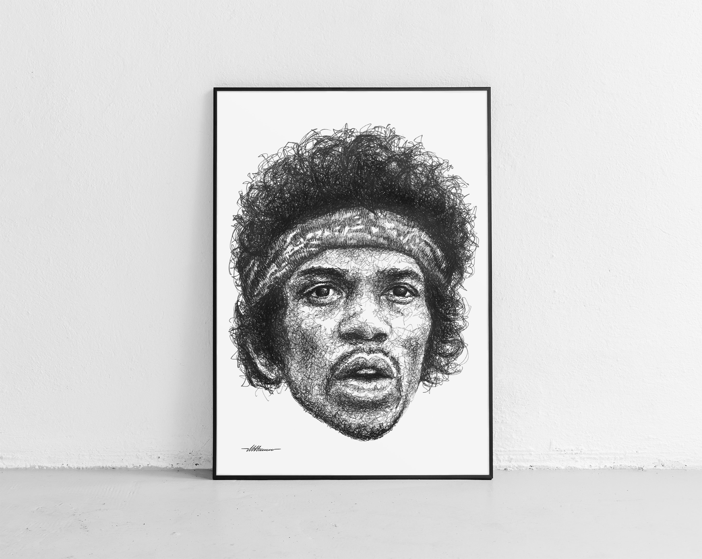 Jimi Hendrix Portrait der Künstlerin Marilena Hamm alias Scribblezone, im unversechselbaren Scribble-Stil gezeichnet, gerahmt gegen die Wand lehnend.