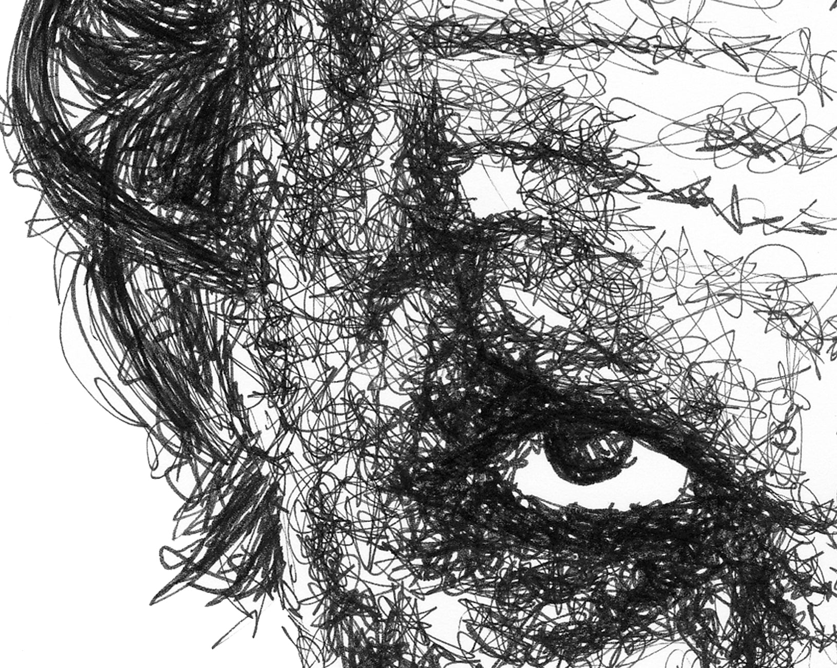 Detail aus dem Joker Portrait der Künstlerin Marilena Hamm alias Scribblezone, im unversechselbaren Scribble-Stil gezeichnet.