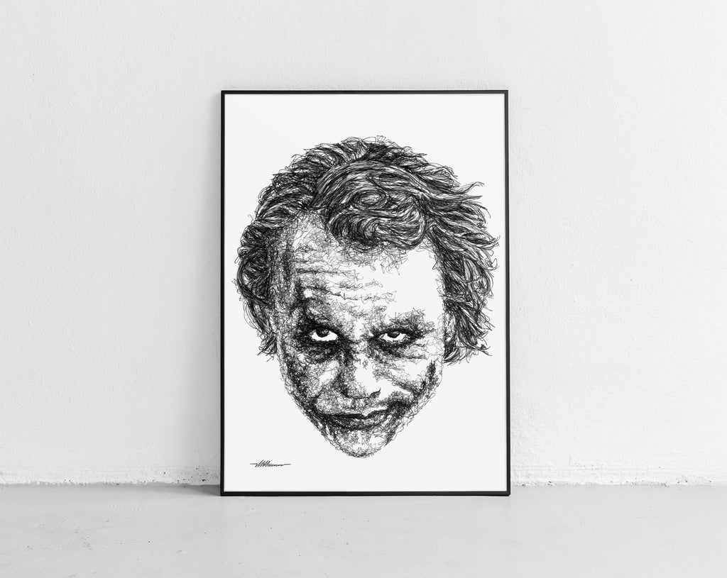 Joker Portrait der Künstlerin Marilena Hamm alias Scribblezone, im unversechselbaren Scribble-Stil gezeichnet, gerahmt gegen die Wand lehnend.