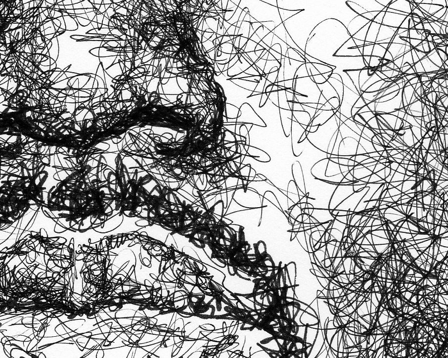 Detail aus dem Kanye West Portrait der Künstlerin Marilena Hamm alias Scribblezone, im unversechselbaren Scribble-Stil gezeichnet.