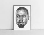 Load image into Gallery viewer, Kanye West Portrait der Künstlerin Marilena Hamm alias Scribblezone, im unversechselbaren Scribble-Stil gezeichnet, gerahmt gegen die Wand lehnend.

