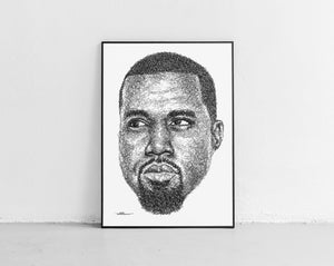 Kanye West Portrait der Künstlerin Marilena Hamm alias Scribblezone, im unversechselbaren Scribble-Stil gezeichnet, gerahmt gegen die Wand lehnend.