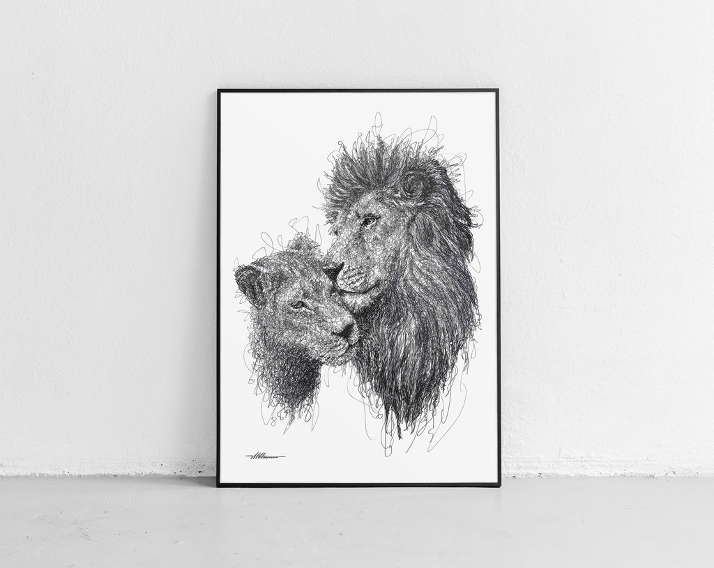 Löwenpaar Zeichnung von der Künstlerin Marilena Hamm alias Scribblezone