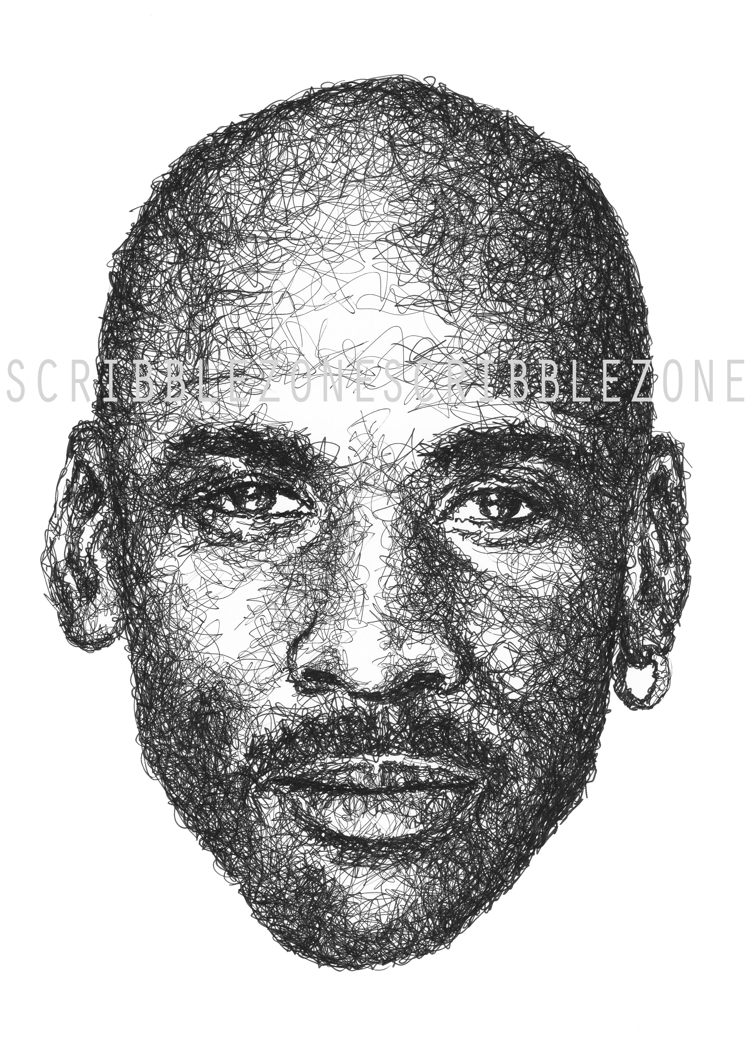 Michael Jordan Portrait der Künstlerin Marilena Hamm alias Scribblezone, im unversechselbaren Scribble-Stil gezeichnet, mit Wasserzeichen.