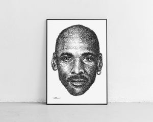 Michael Jordan Portrait der Künstlerin Marilena Hamm alias Scribblezone, im unversechselbaren Scribble-Stil gezeichnet, gerahmt gegen die Wand lehnend.