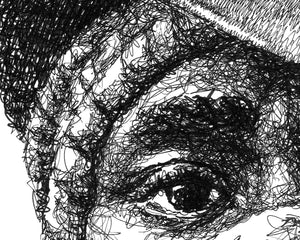 Detail aus dem Mos Def / Yasiin Bey Portrait der Künstlerin Marilena Hamm alias Scribblezone, im unversechselbaren Scribble-Stil gezeichnet.