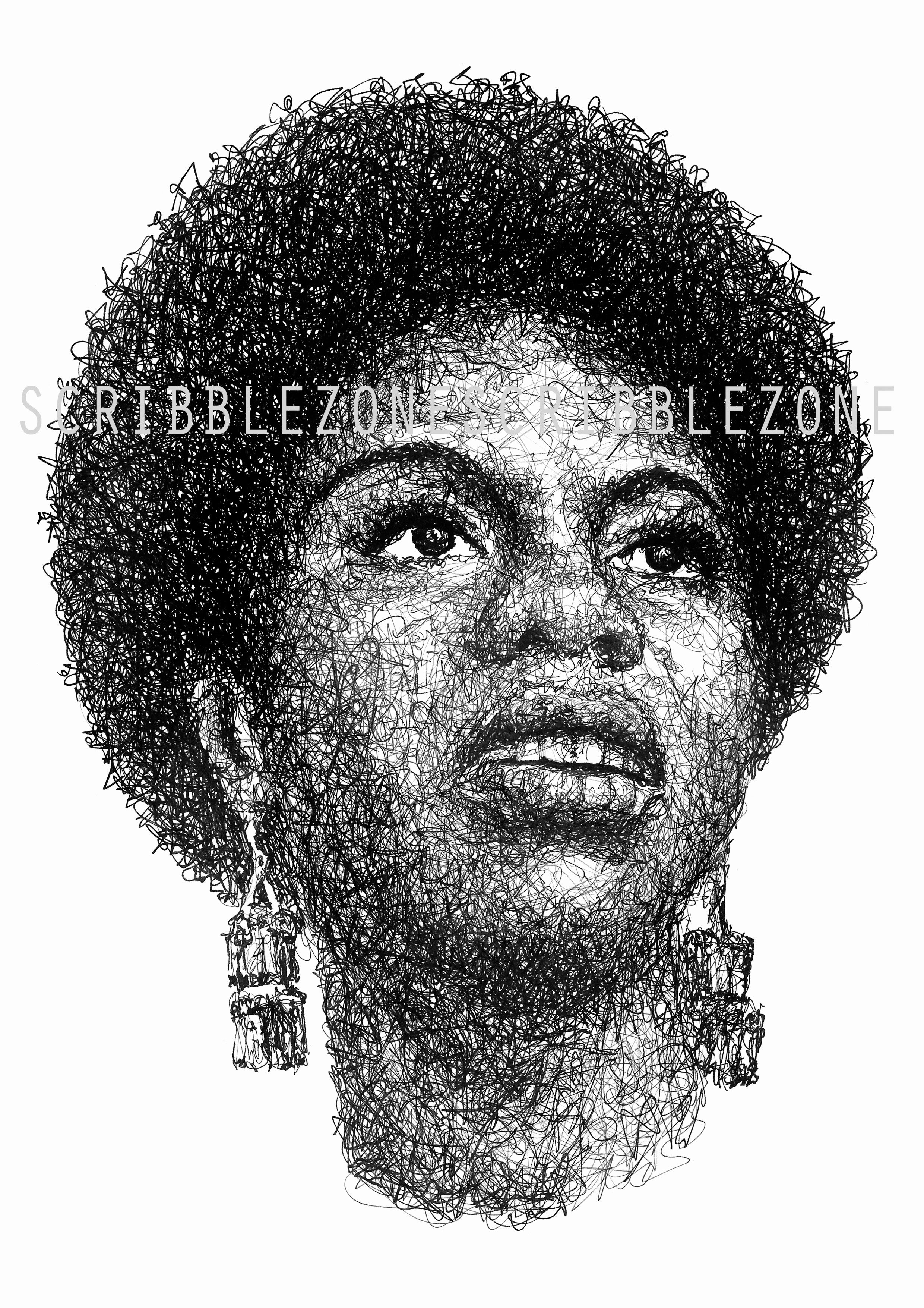 Nina Simone Portrait der Künstlerin Marilena Hamm alias Scribblezone, im unversechselbaren Scribble-Stil gezeichnet, mit Wasserzeichen.
