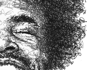 Detail aus dem Questlove Portrait der Künstlerin Marilena Hamm alias Scribblezone, im unversechselbaren Scribble-Stil gezeichnet.