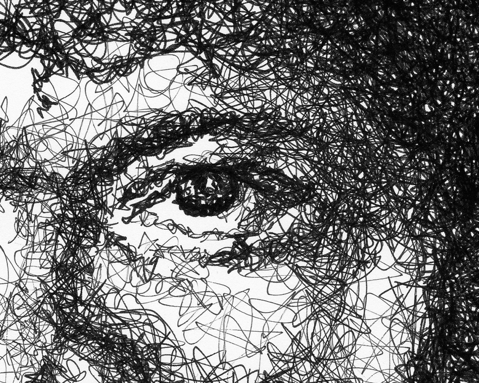 Detail aus dem Samuel L Jackson in Pulp Fiction Portrait der Künstlerin Marilena Hamm alias Scribblezone, im unversechselbaren Scribble-Stil gezeichnet.