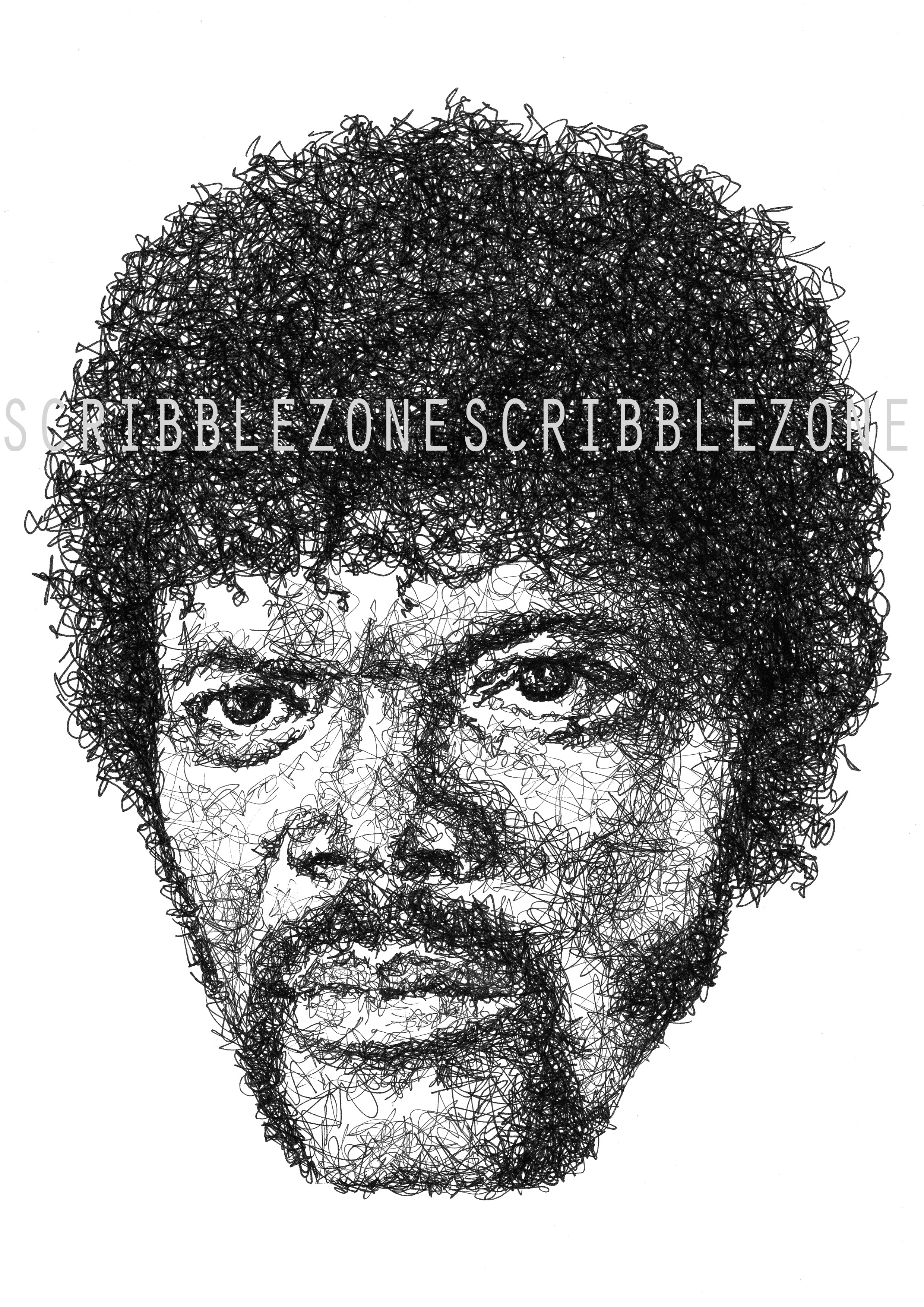 Samuel L Jackson in Pulp Fiction, Portrait der Künstlerin Marilena Hamm alias Scribblezone, im unversechselbaren Scribble-Stil gezeichnet, mit Wasserzeichen.