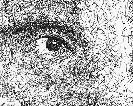 Detail eines Dwayne "The Rock" Johnson Portait der Künstlerin Marilena Hamm alias Scribblezone, im unversechselbaren Scribble-Stil gezeichnet