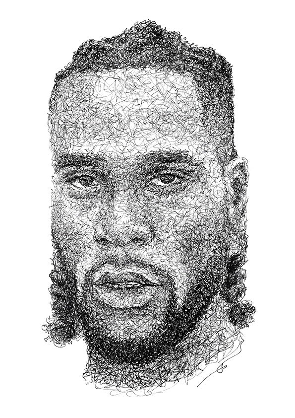 Burna Boy Portrait der Künstlerin Marilena Hamm alias Scribblezone im Scribble-Stil gezeichnet.