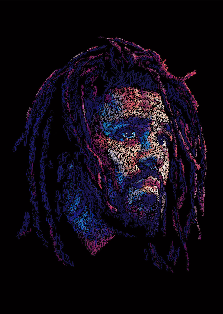 Portrait von J. Cole im Scribble-Stil der Künstlerin Marilena Hamm alias Scribblezone
