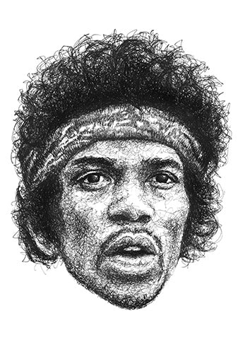 Jimi Hendrix Portrait der Künstlerin Marilena Hamm alias Scribblezone im Scribble-Stil gezeichnet.