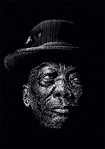John Lee Hooker Portrait im Scribble-Stil der Künstlerin Marilena Hamm alias Scribblezone