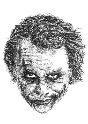 Heath Ledger in der Rolle des Jokers aus Batman, gezeichnet im Scribbel-Stil der Künstlerin Marilena Hamm alias Scribblezone.