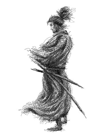 Miyamoto Musashi Portrait der Künstlerin Marilena Hamm alias Scribblezone im Scribble-Stil gezeichnet.