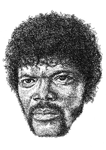 Samuel L Jackson in der Rolle des Jules aus Pulp Fiction: Portrait der Künstlerin Marilena Hamm alias Scribblezone im Scribble-Stil gezeichnet.