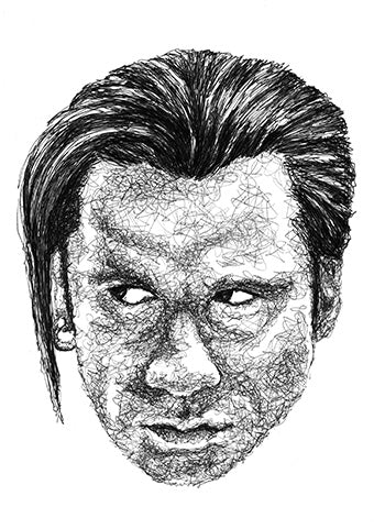 John Travolta in der Rolle des Vincent Vega aus Pulp Fiction: Portrait der Künstlerin Marilena Hamm alias Scribblezone im Scribble-Stil gezeichnet.