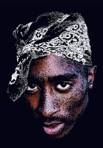 Scribble Portrait von Tupac Shakur in Farbe.