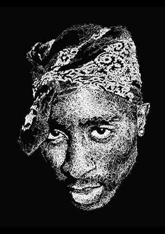 Scribble Portrait von Tupac Shakur in schwarz weiß