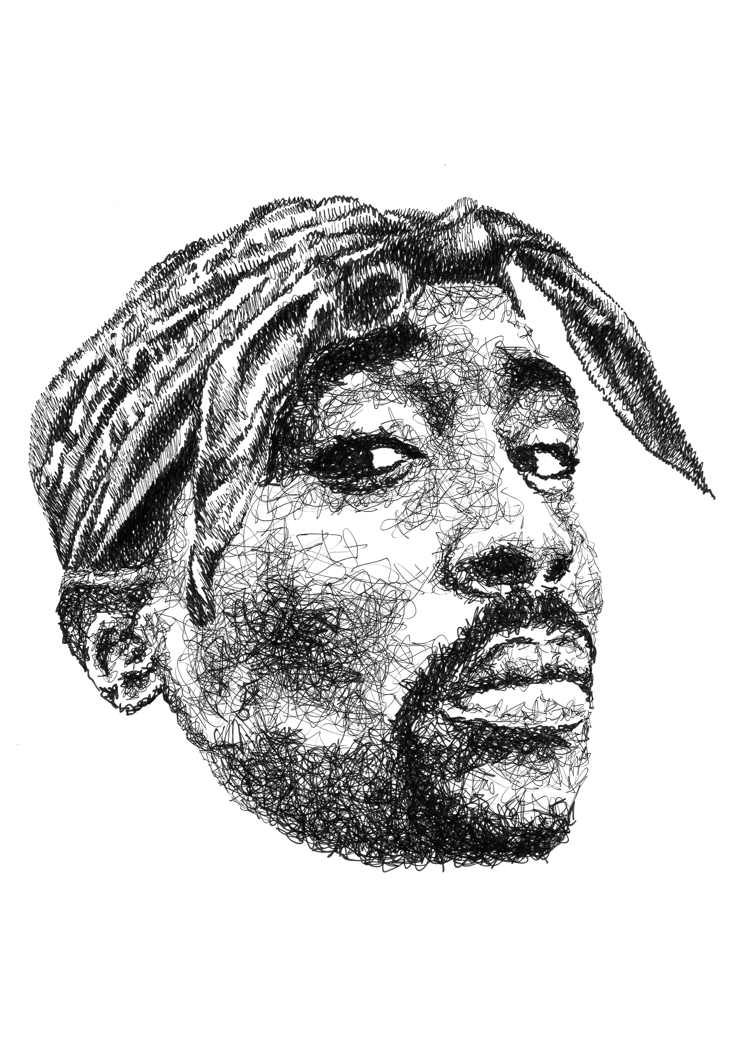 Tupac Shakur Portrait im Scribble-Stil der Künstlerin Marilena Hamm alias Scribblezone