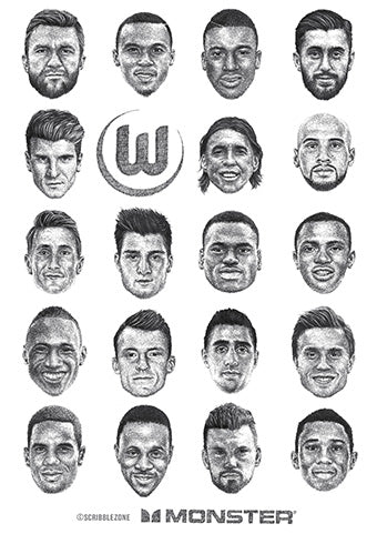 Das Team vom VfL Wolfsburg gezeichnet im Scribble-Stil von der Künstlerin Marilena Hamm alias Scribblezone.